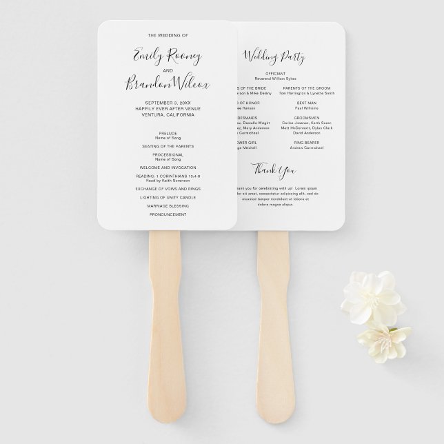 Leque Programa de Casamento Moderno em Letra Preta e Bra (Frente e Verso)
