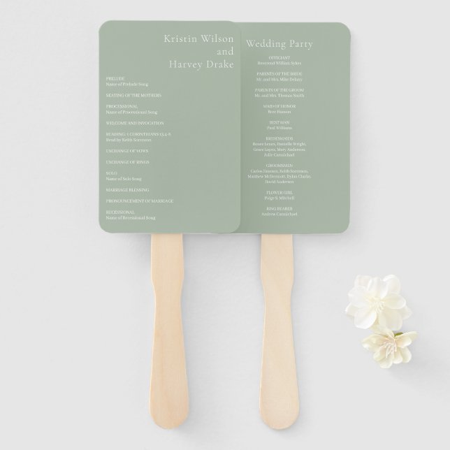 Leque Programa de Casamento Moderno em Verde Sage Elegan (Frente e Verso)