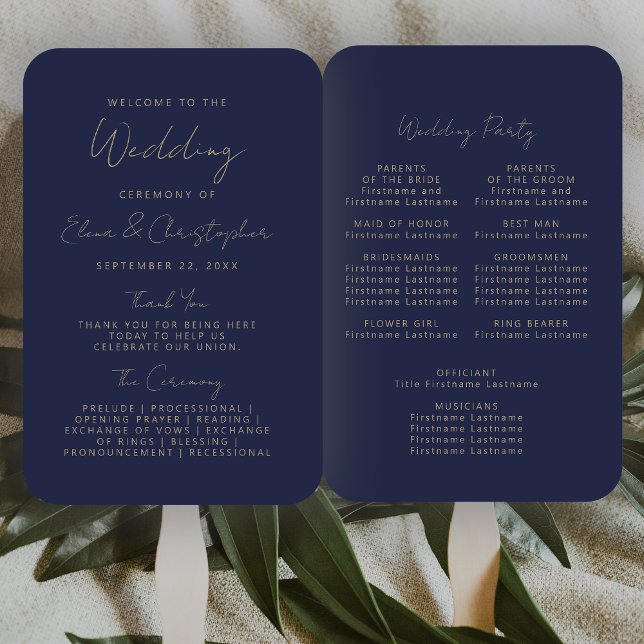 Leque Programa de Casamento Moderno Escrito à Mão em Azu (Criador carregado)