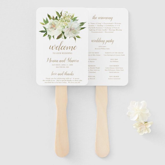 Leque Programa de Casamento Moderno Floral Branco Dourad (Frente e Verso)