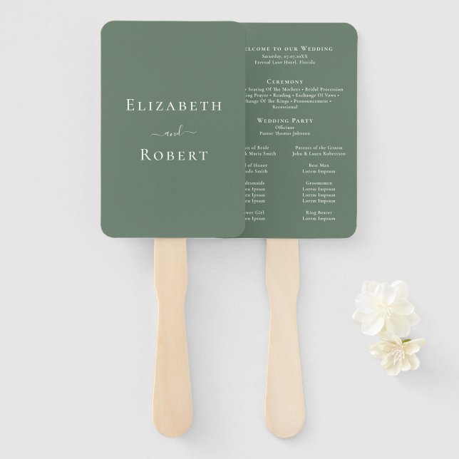 Leque Programa de Casamento Moderno Minimalista Verde Sa (Frente e Verso)