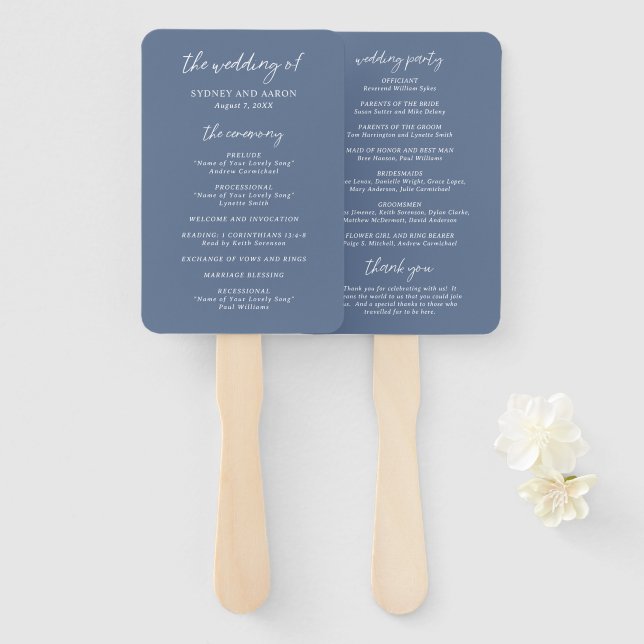 Leque Programa de Casamento Moderno Sydney Azul Empoeira (Frente e Verso)