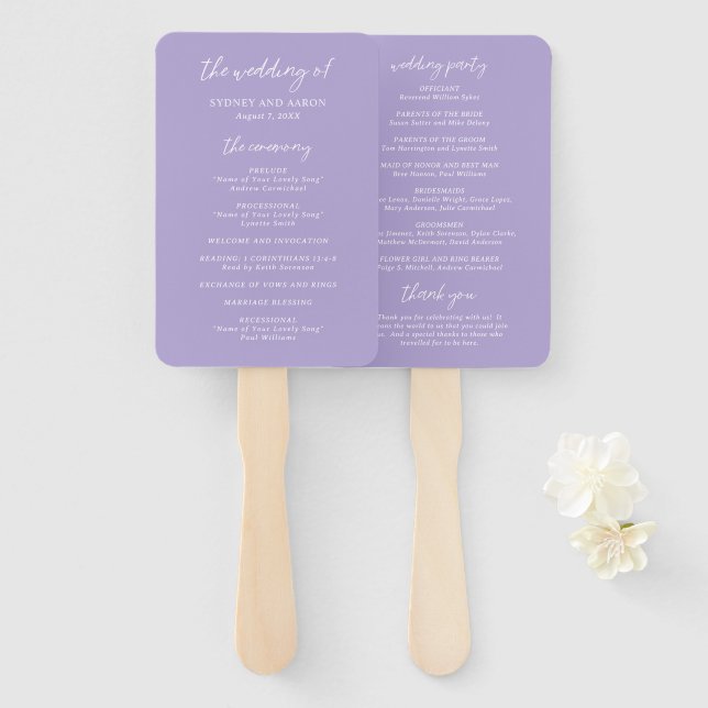 Leque Programa de Casamento Moderno Sydney Lavender (Frente e Verso)