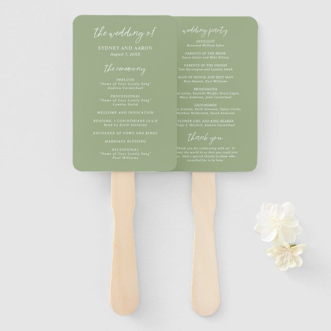 Leque Programa de Casamento Moderno Verde Sydney Sage (Frente e Verso)