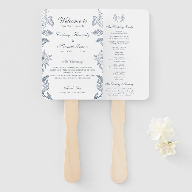 Leque  Programa de Casamento Monograma Azul Crest Toile  (Frente e Verso)
