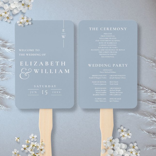 Leque Programa de Casamento Monograma Minimalista Azul E (Dusty Blue Minimalist Monogram Wedding Program Hand Fan)