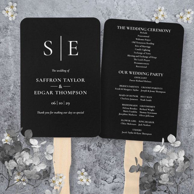Leque Programa de Casamento Monograma Preto e Branco (Black And White Monogram Wedding Program Hand Fan)