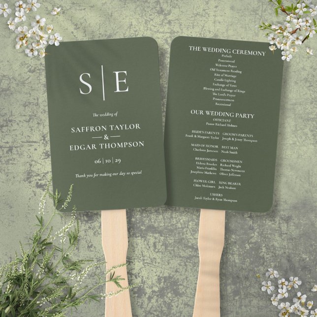 Leque Programa de Casamento Monograma Verde Oliva (Olive Green Monogram Wedding Program Hand Fan)