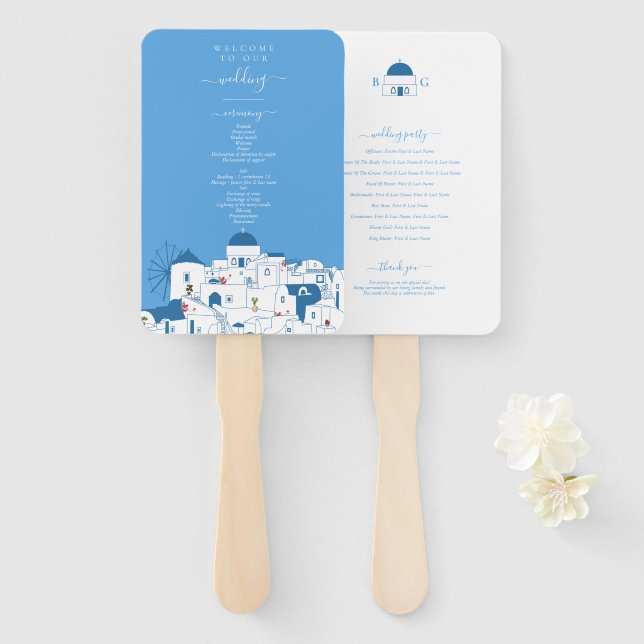 Leque Programa de Casamento na Ilha Grega de Santorini D (Frente e Verso)