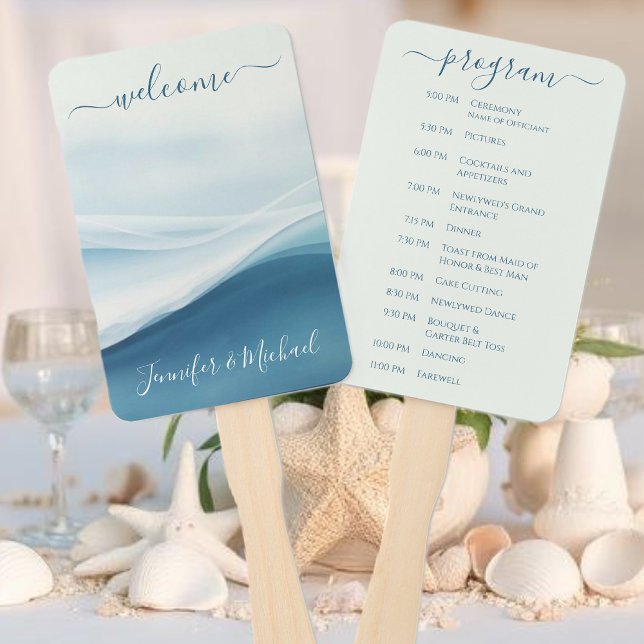 Leque Programa de Casamento na Praia Azul Serena (Serene Blue Abstract Wedding Program Hand Fan )