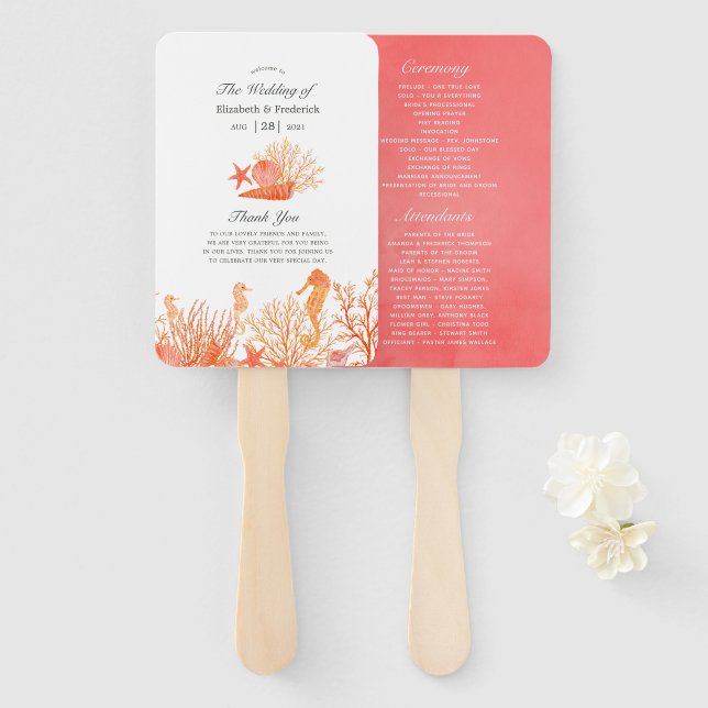 Leque Programa de Casamento na Praia com Aquarela Coral  (Frente e Verso)