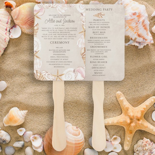 Leque Programa de Casamento na Praia com Conchas de Arei (Wedding program/bridal party hand fan)