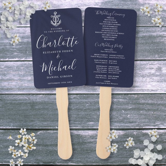 Leque Programa de Casamento Náutico Azul Marinho Âncora (Script Navy Blue Anchor Nautical Wedding Program Hand Fan)