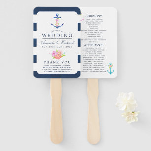 Leque Programa de Casamento Náutico Floral de Aquarelas