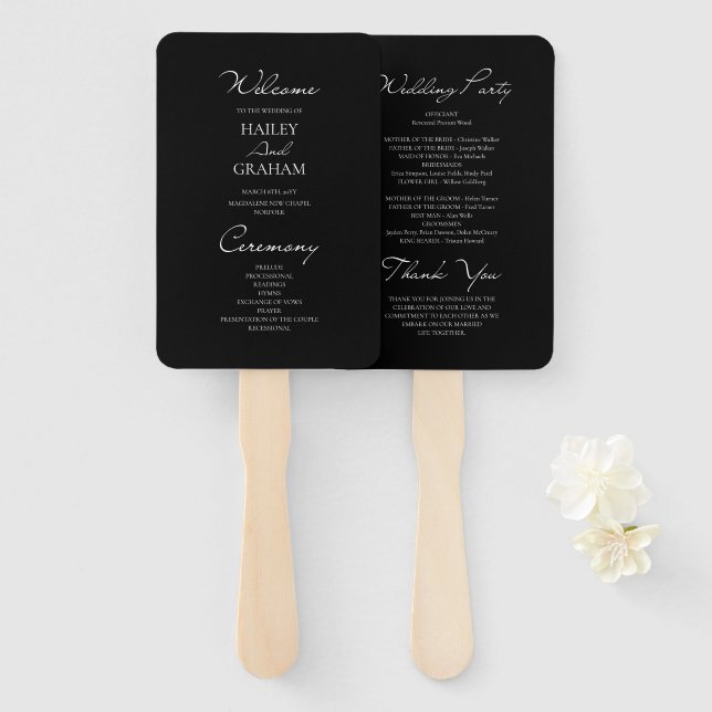 Leque Programa de Casamento Negro Minimalista de Script  (Frente e Verso)