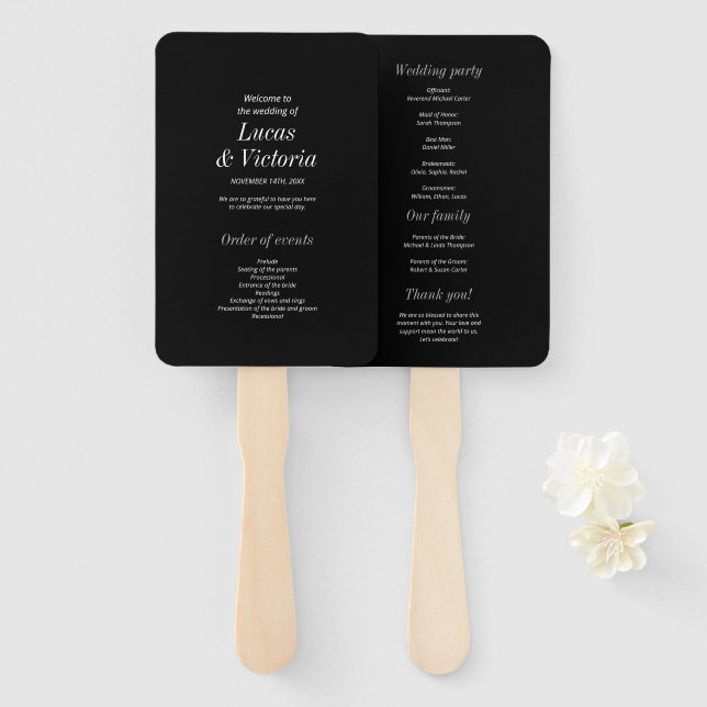 Leque Programa de Casamento Negro Na moda minimalista (Frente e Verso)