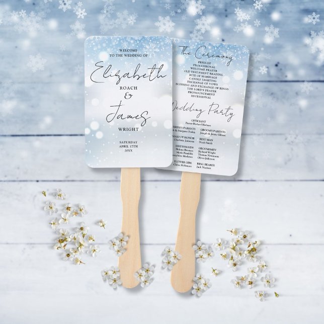 Leque Programa de Casamento no inverno de Snowflakes de  (Modern Script Snowflakes Winter Wedding Program Hand Fan)