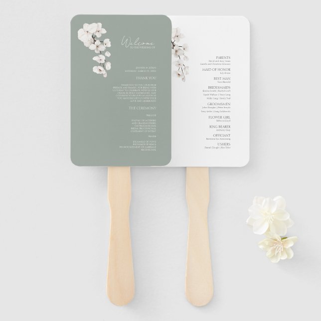 Leque Programa de Casamento Orquídea Branca Verde Salgue (Frente e Verso)