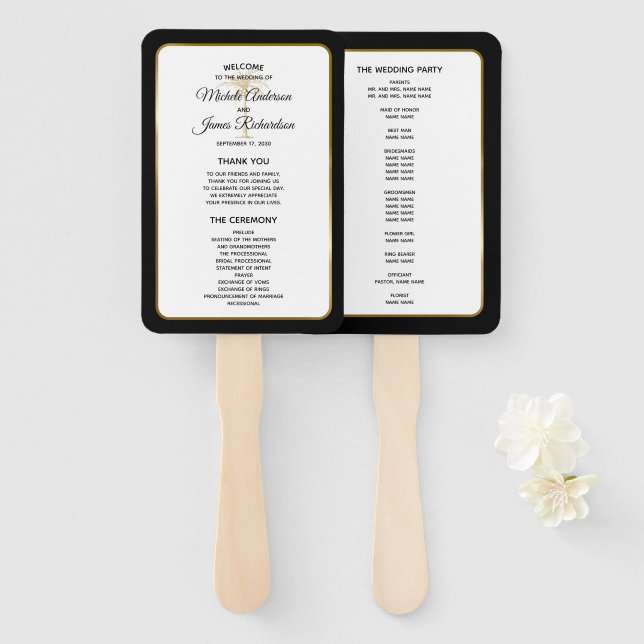 Leque Programa de Casamento Palmeira Ouro Preto Elegante (Frente e Verso)