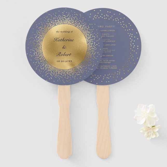 Leque Programa de Casamento Pastel Celestial Gold Moon (Frente e Verso)