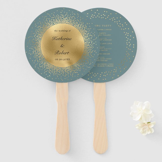 Leque Programa de Casamento Pastel Celestial Gold Moon (Frente e Verso)