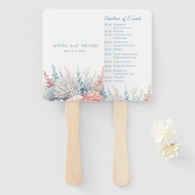 Leque Programa de Casamento Pastel Coral Reef-Beach (Frente e Verso)