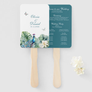 Leque Programa de Casamento Pavão com Flores Tropicais T