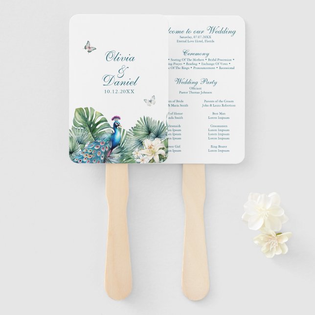 Leque Programa de Casamento Pavão com Flores Tropicais T (Frente e Verso)