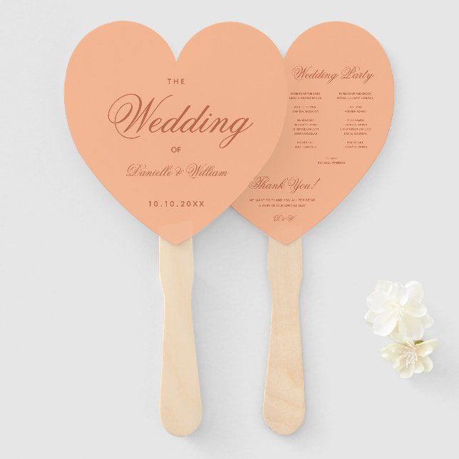 Leque Programa de Casamento Peach Brown Simple Heart Scr (Frente e Verso)