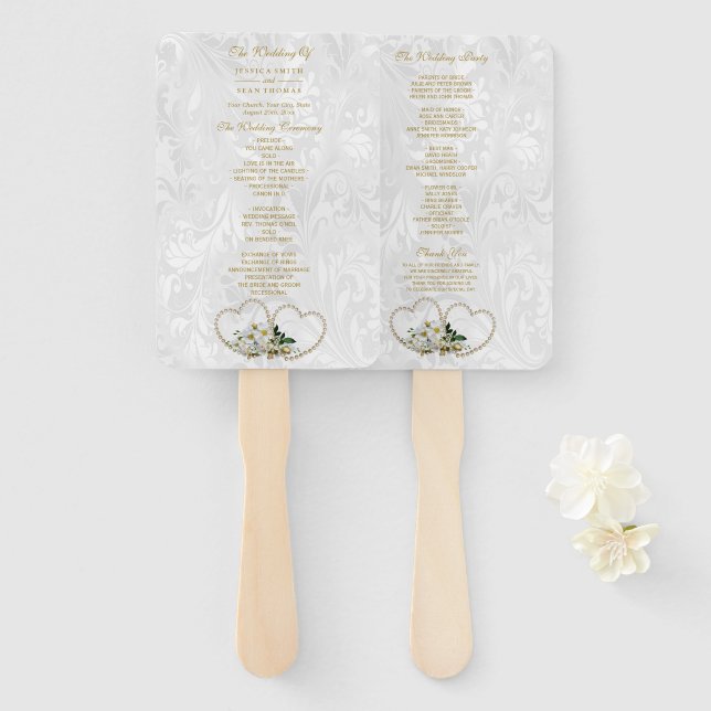 Leque Programa de Casamento Pearl Hearts & Flowers Damas (Frente e Verso)