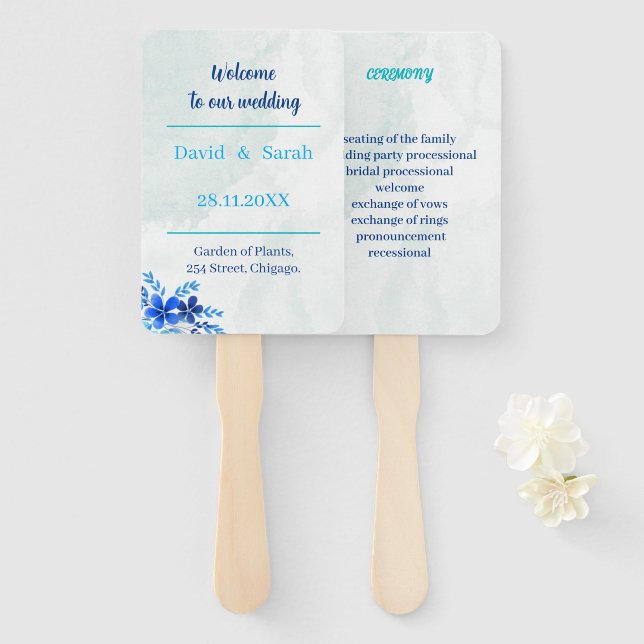 Leque Programa de Casamento Personalizado Azul Elegante (Frente e Verso)