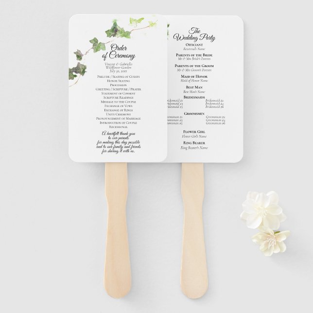 Leque Programa de Casamento por Aquarela em Inglês Verde (Frente e Verso)