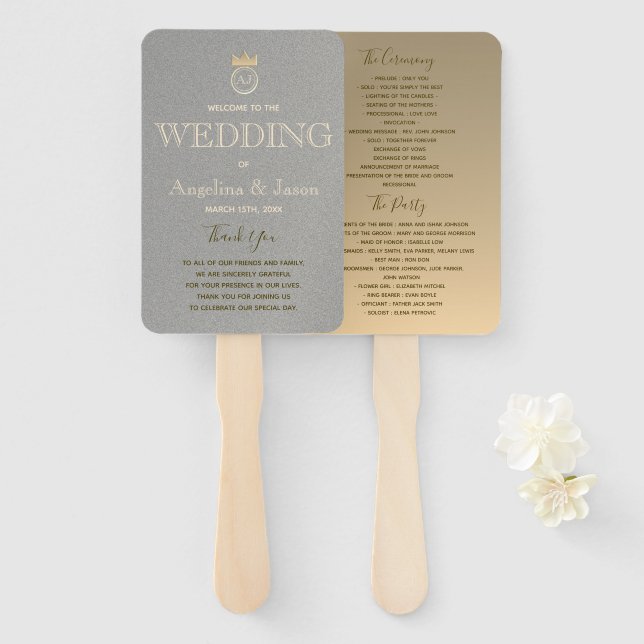 Leque Programa de Casamento Prata e Ouro (Frente e Verso)