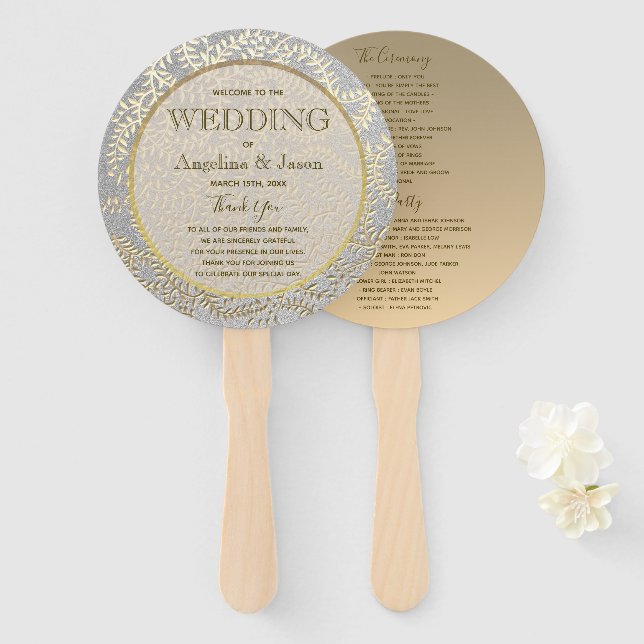 Leque Programa de Casamento Prata e Ouro (Frente e Verso)