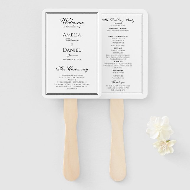 Leque Programa de Casamento Preto e Branco Elegante (Frente e Verso)