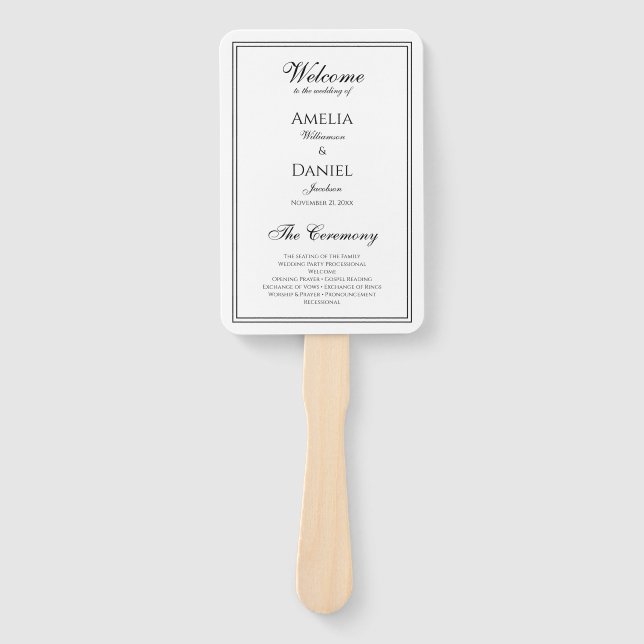 Leque Programa de Casamento Preto e Branco Elegante (Frente)