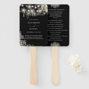 Leque Programa de Casamento Preto Floral Luzes Gótico
