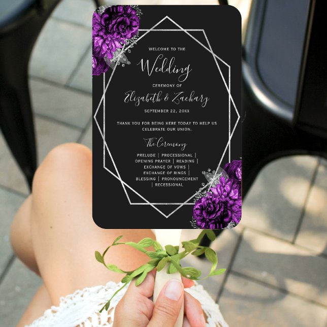 Leque Programa de Casamento Preto Floral Roxo Geo Prata (Criador carregado)