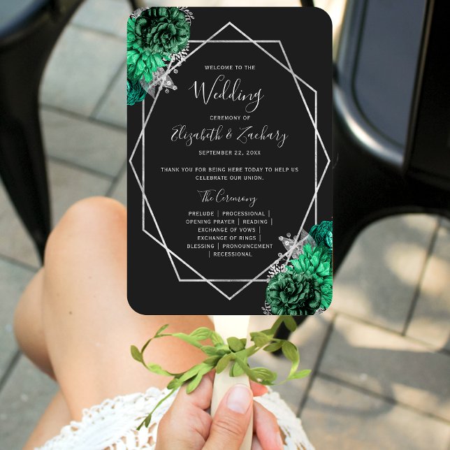 Leque Programa de Casamento Preto Floral Verde Esmeralda (Criador carregado)