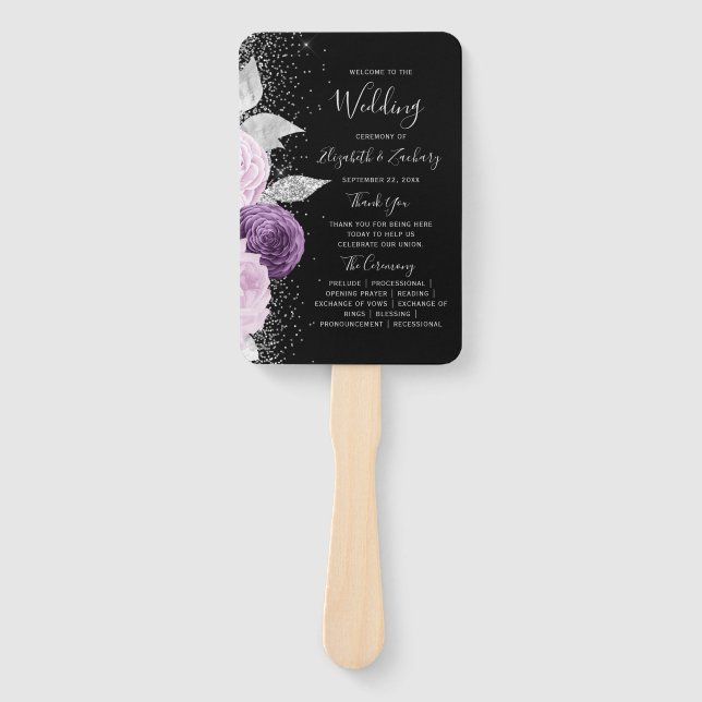 Leque Programa de Casamento Preto Prata Roxo Floral (Frente)