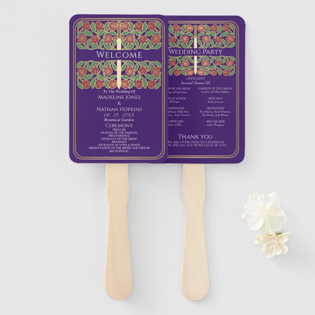 Leque Programa de Casamento Real Espada Floral Dourada R (Frente e Verso)