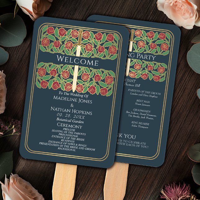 Leque Programa de Casamento Real Espada Floral Ouro Cinz (Criador carregado)