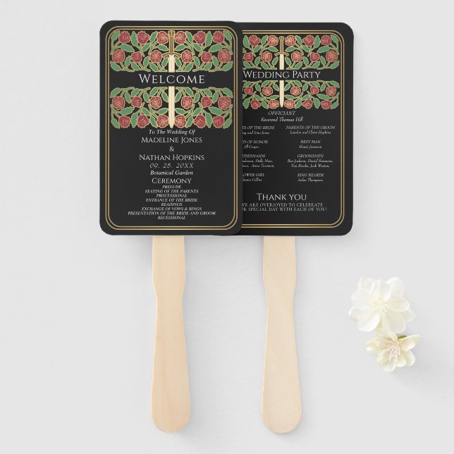 Leque Programa de Casamento Real Espada Floral Ouro Pret (Frente e Verso)
