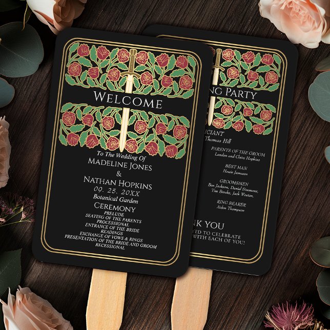 Leque Programa de Casamento Real Espada Floral Ouro Pret (Criador carregado)