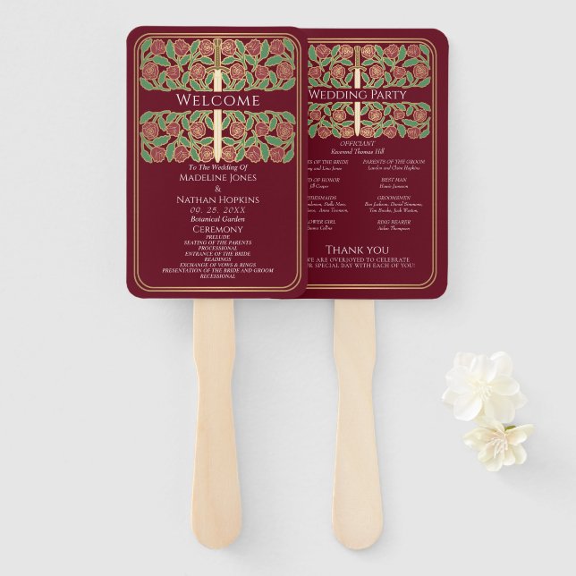 Leque Programa de Casamento Real Espada Floral Ouro Verm (Frente e Verso)