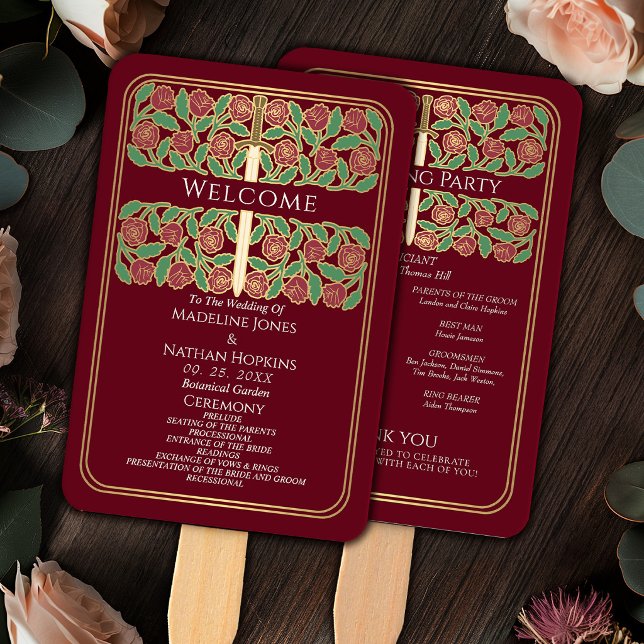 Leque Programa de Casamento Real Espada Floral Ouro Verm (Criador carregado)