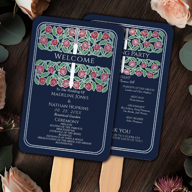 Leque Programa de Casamento Real Espada Floral Prata Azu (Criador carregado)