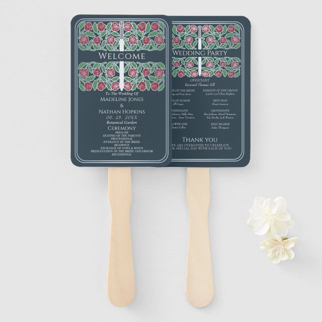 Leque Programa de Casamento Real Espada Floral Prata Cin (Frente e Verso)
