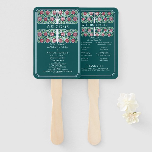 Leque Programa de Casamento Real Espada Floral Prata Tur (Frente e Verso)