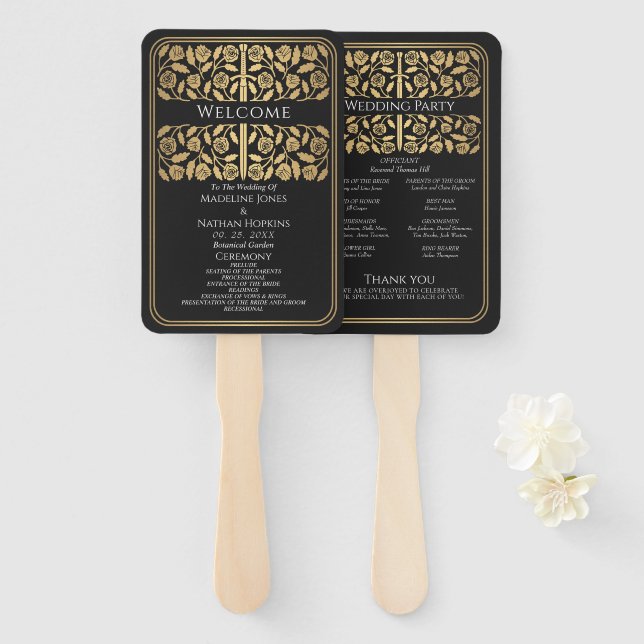 Leque Programa de Casamento Real Espada Medieval Dourada (Frente e Verso)